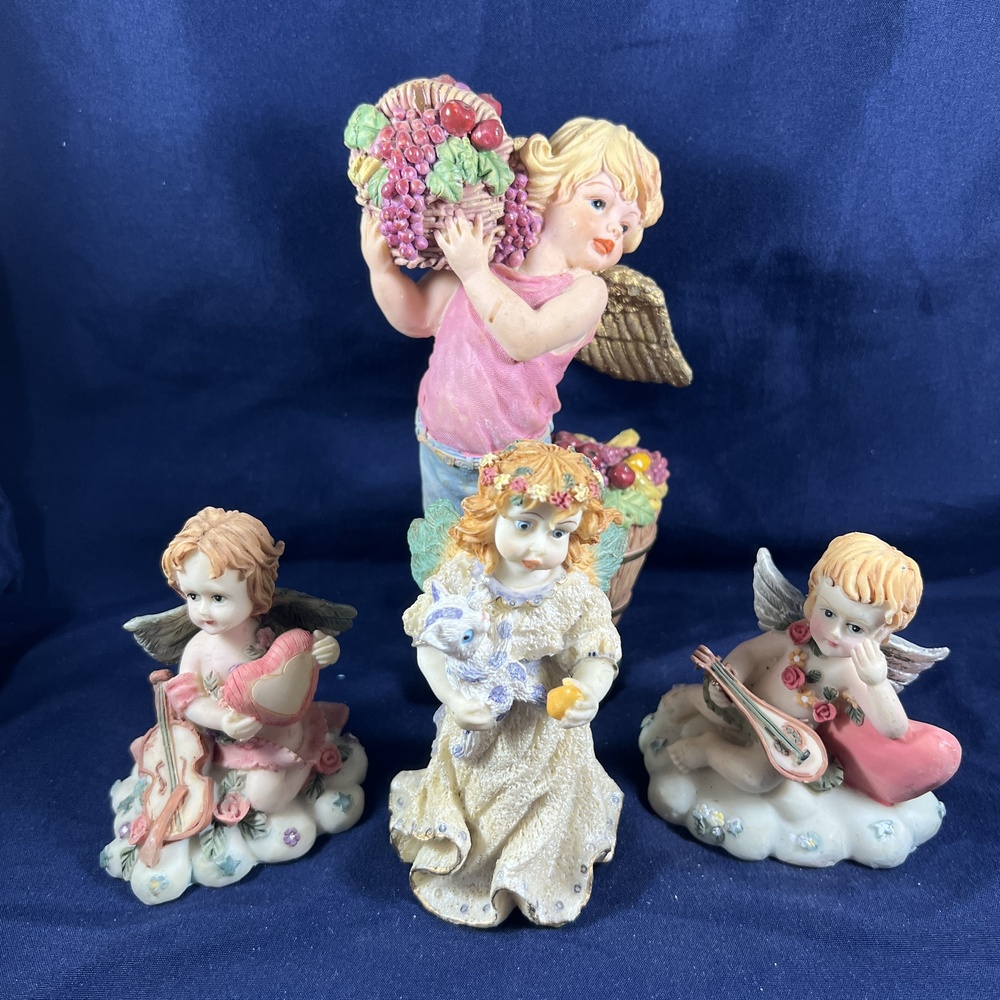 4 Ceramic Angel Collection Figurines Pastel Whimsical Decor Set Collectible